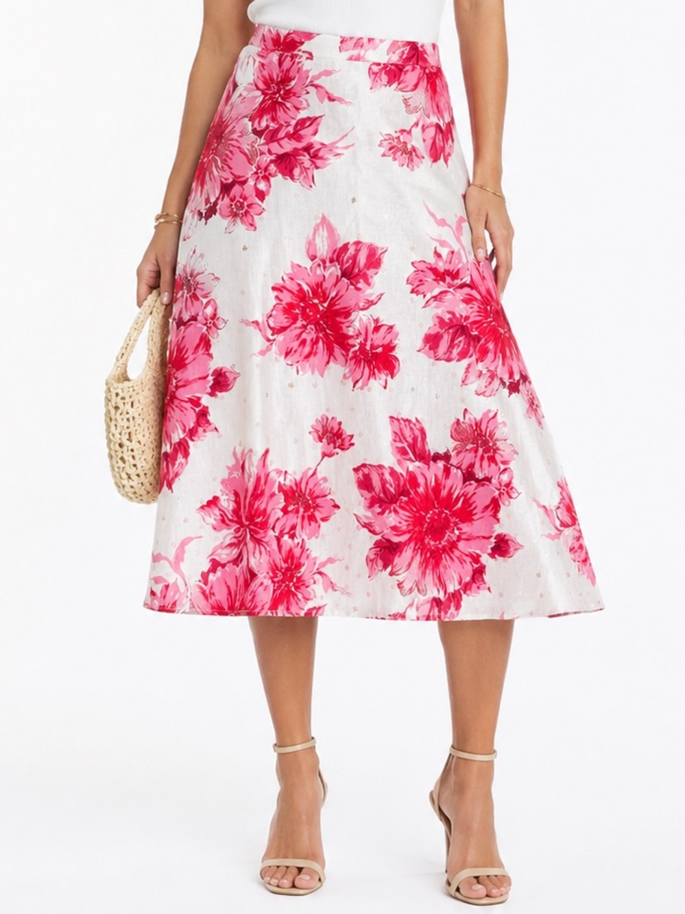 Coldwater Creek Pink Floral Midi Skirt on White